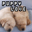 Two light brown puppies lie close together on a gray background with bold black-and-white text reading "PUPPY LOVE" above them.