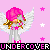 Pixel art angel with pink hair and wings, standing against a light pink background with scattered stars.