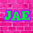 Pixelated text 'JAE' in bright green with purple outline on pink brick-patterned background.