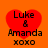 Red heart-shaped icon with black text "Luke & Amanda xoxo" on orange background, showing pixelated variations across four views.
