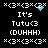 Pixel art animation of white text and symbols on black background with blue particle effects near the top-right corner.
