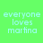 Pixelated text 'everyone loves martina' on green background with cyan text and cyan rectangular overlays in different positions.