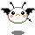 Pixelated white circular character with black wings, antennae, and blush marks; orange downturned mouth; gray background.