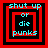 Four identical pixel-art display cyan text 'shut up or die punks' within nested red and black squares on a red background