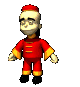 A character in red traditional Chinese attire with yellow accents performs a sequence of animated movements against a gray background.