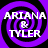 Four identical display 'ARIANA & TYLER' text over purple and black spiral backgrounds with pixelated white lettering