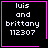 Four identical black square with pink borders display white pixelated text 'luis and brittany 112307', each has a distinct small symbol in the bottom-right corner
