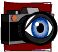 Animated camera icon with blue eye lens transitions on red background