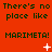 Red background with repeated text 'There's no place like MARIMETA!' in dark green, featuring animated white sparkles and dots.