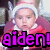 A child in a red outfit and white hat with silver accents appears in four , with the leftmost showing purple text over the image