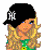 Pixelated cartoon character with blonde hair wearing black cap, green shirt, dark shorts, and sneakers on white background.