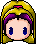 Pixel art character with yellow hooded cloak, purple hair, blue eyes; static and blinking expressions on gray background.