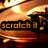 Animated sequence showing repeated 'scratch' text with musical note symbols over a blurred background of warm-toned circular shapes.