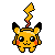 Pixelated yellow creature with black-tipped ears, red cheek circles, and a lightning-shaped tail in three of three poses
