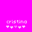 Bright pink background with white pixelated text 'cristina' above a of five heart symbols, where the third heart is light purple