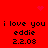 Red background with pixelated text 'i love you eddie 2.2.08' repeated in four identical quadrants, small pink heart and star-like shapes scattered across the image.