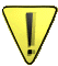 Yellow triangular warning sign with black exclamation mark and small square, shown in multiple orientations including upright, rotated, and side views.