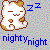 Pixelated cartoon cat with closed eyes and brown fur on head, lying down next to blue text 'zz' above 'nightynight' on checkered background.