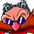 Pixelated cartoon character with pink skin, blue eyes, and gray hair styled in two large buns, wearing a red outfit against a plain background.