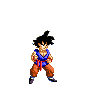 Pixel art character in blue martial arts uniform with red sash, brown pants, and black shoes performing fighting poses across four of animation frames