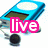 Blue digital music player with white circular button and dark screen, overlaid with colored text reading 'live', 'your', or 'life!' in different frames.