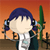 Pixelated character with blue hair and headphones holds a green sword against an orange gradient background.