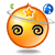 Animated orange spherical icon with star on top, black spiral eyes, blue and green orbs floating nearby, white base shadow.