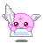 Pixelated pink character with white wings and a silver horn, displaying four distinct facial expressions on a light blue base.