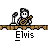 Pixel art contact sheet of 14 animated frames showing a stick-figure Elvis performing on stage with guitar and microphone, displaying text bubbles and musical notes across frames.