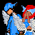 Pixelated animation of angelic figures in blue and white with wings, featuring text overlays and character poses.