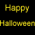 Yellow 'Happy Halloween' text on black background with pixelated orange flame-like shapes and a small grayscale figure in colorful clothing.