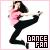 Pixelated icon of a person in mid-dance pose wearing pink top and black pants with 'DANCE FAN' text block below.
