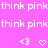 Pixelated text and symbols on a solid pink background with white and light pink elements.