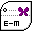 Four pixelated display a white rounded rectangle with black border, purple X-shaped symbol, and 'E-m' text; small circles shift positions