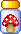 Pixel art of a red mushroom with white spots inside a blue glass jar with yellow cap, shown in two vertical frames.