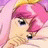 Pixelated anime-style character with pink hair and yellow highlights, hand near mouth, next to black background with white text.