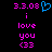 Pixelated text and symbols on black background with pink and blue elements, showing 'i love you <33' in multiple