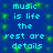 Blue background with green pixelated dots; cyan text repeats 'music is life the rest are details' in a pattern