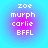 Four identical circular icons with blue-to-pink gradient backgrounds display white pixelated text reading 'zoe murph carlie BFFL' in four lines.