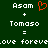 Green background with white text displaying 'Asom + Tomaso = love foreve.ove foreve' and a red pixelated heart symbol between the two 'Asom' labels.