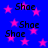 Blue background with pink stars and repeated black text "Shoe" in pixelated font.