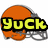 Orange football helmet with gray facemask and yellow text reading 'YUCK' on top, changing to 'bRoWnS' then 'SUCK!'