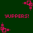 Pixelated pink text 'YUPPERS!' on dark green background with four rotating square icons.