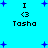 Pixelated blue background with scattered dark blue plus signs, featuring four identical text blocks reading 'I <3 Tasha' in black pixel font.