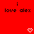Red background with repeated black text 'i love alex' and white pixelated hearts arranged in a pattern