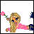 Pixel art animation of a blonde girl in pink clothing holding a pink flower, with changing text above her.