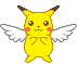 Pixelated yellow creature with brown-tipped ears, red cheek circles, and white wings in two poses against gray background.
