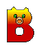 Pixelated yellow-orange gradient bear head atop red letter B with white circular cutout, showing three distinct facial expressions.