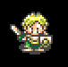 Pixel art character with blonde hair, green and yellow outfit, holding a sword in left hand and shield in right hand against black background.
