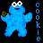 Pixelated blue Cookie Monster character holding a cookie in multiple animated frames arranged in a contact sheet with vertical "cookie" text columns.